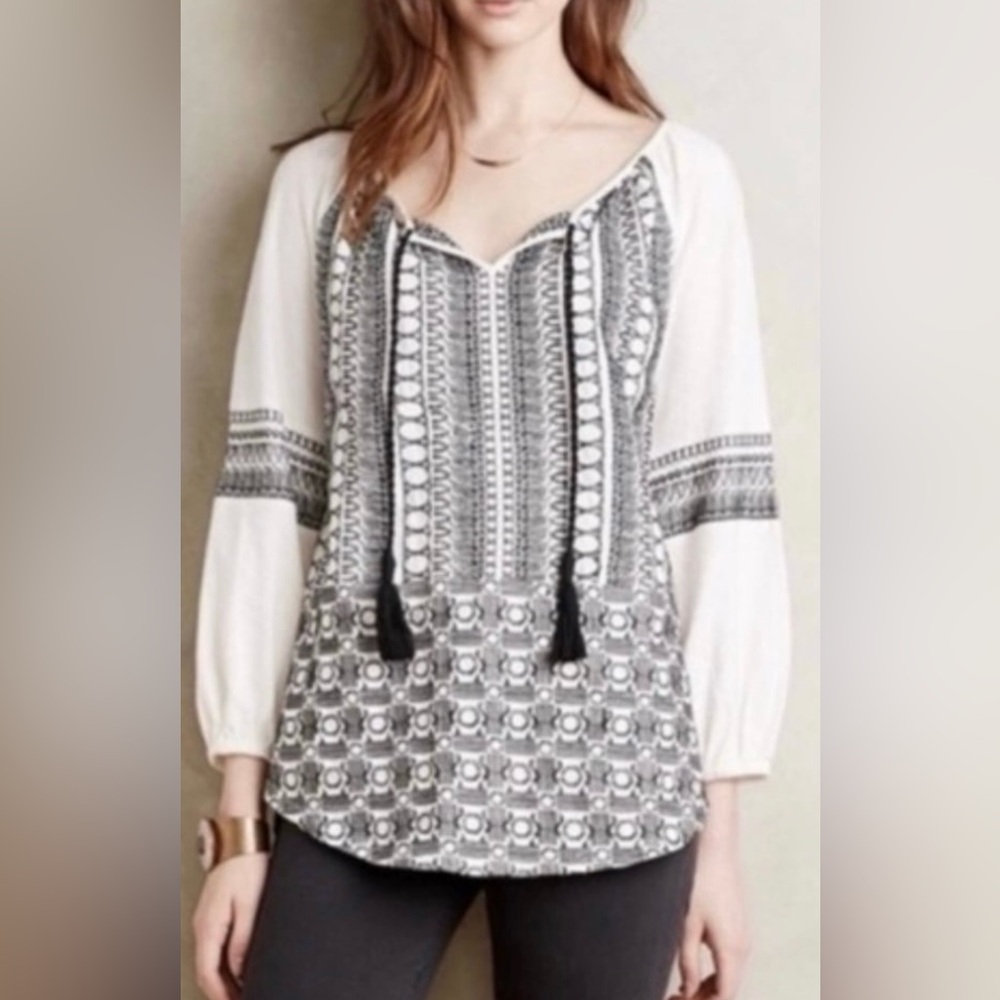 Akemi + Kin by Anthropologie White Blouse with Black Embroidery - Size XS